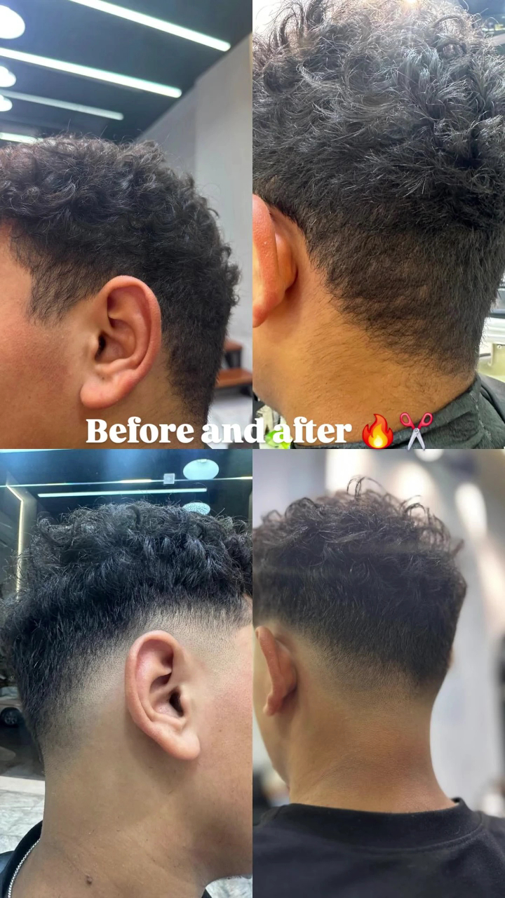 Close-up of a curly taper fade with a crisp neckline